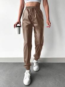 EURMUSE 女士pu皮正面綁帶褲 - 銅色 - 查看 3