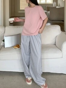 DAZY 2pcs Minimalist Stripe Shirt And Pajama Pants Homewear Set - Multicolor - View 7