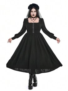 Whyspr 暗黑朋克哥特式中世纪复古暗黑哥特式巴洛克宫廷风格泡泡袖复古金属装饰纽扣腰部喇叭裙长款哥特女装 - 黑色 - 查看 5