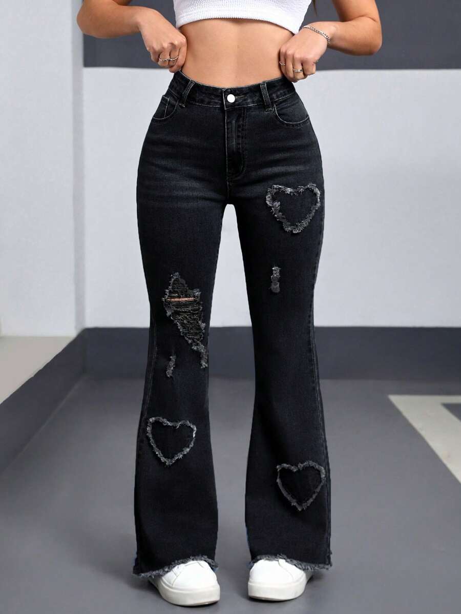 SHEIN EZwear Women's Front Button Pockets Distressed Hem Jeans, Casual Everyday Wear Y2K Love Ripped Fashionable Casual Denim Stretch Bell Pants - Black - View 1