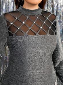 SHEIN Clasi 金属箔修身高领铆钉网眼面板大码女式 T 恤