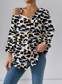 SHEIN Essnce 女式春秋豹纹新款时尚街头风格休闲不对称肩上衣