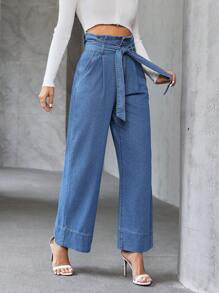 SHEIN Essnce Women Plain High Waist Tie-Up Straight-Leg Jeans