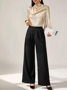 Modelyn 2 件套女士纯色荷叶边领灯笼袖衬衫和阔腿裤优雅办公室服装 2 件套 - 彩色 - 查看 3