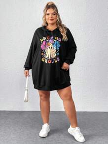 SHEIN CURVE+ Plus Size Cute Pattern Printed Black Hoodie Dress For Halloween - Black - View 5