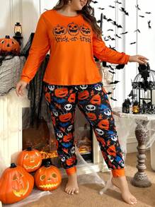 Plus Size Pumpkin Themed Long Sleeve Pajama Set, Fall Clothes, Halloween - Multicolor - View 4