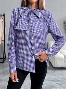 Chiquease 格子印花女式系带领蝴蝶结宽松休闲衬衫女式衬衫 - 紫色 - 查看 5