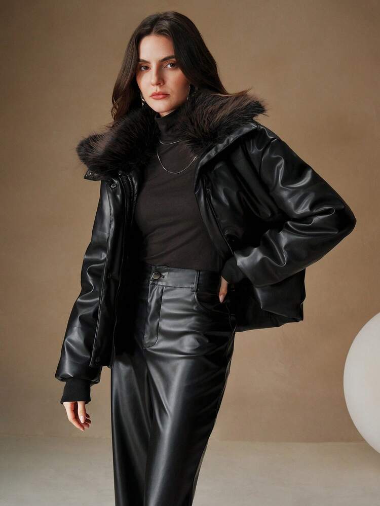 Chaqueta con cuello de piel esponjosa negra, engrosada