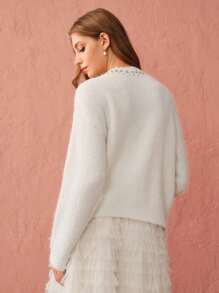 Enchnt Maglione casual ed elegante da donna con collo rotondo, polsini con bottoni e maniche lunghe, maglioni natalizi, maglioni da donna, cardigan da donna