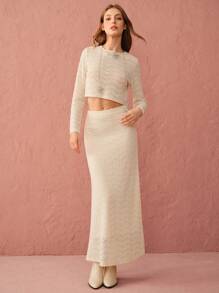 Enchnt 秋冬纯色圆领长袖上衣和中长裙两件套优雅女士优雅装束，秋季两件套，秋冬女装 - 杏色 - 查看 8