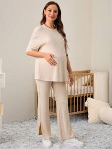 SHEIN Bộ 2 món đồ bầu thanh lịch cổ tròn rộng rãi có thể điều chỉnh cạp chun - Màu be - Xem 4