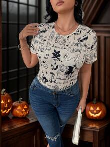 SHEIN Privé 大码优雅办公装圆领短袖修身基本款万圣节圣诞节印花图案休闲学院复古风格紧身衣 - 彩色 - 查看 4