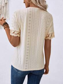 SHEIN LUNE Women's Lace Patchwork V-Neck Short Sleeve Casual T-Shirt