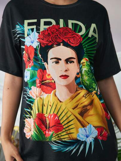Frida Kahlo X SHEIN Fall And Winter, Black Loose T-Shirt, Plant, Flower And Bird Portrait Print, Surrealism, Self Portraits, Unibrow,Hummingbird,Diego Rivera,Mexico