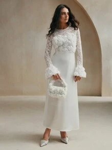 Anewsta Lady-Like Long Sleeve Dress With Lace Patchwork 3D Flower Detail, For Fall/Winter