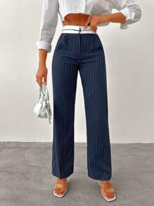 EURMUSE Striped Print Slant Pocket Straight Leg Suit Pants - Navy Blue - View 1
