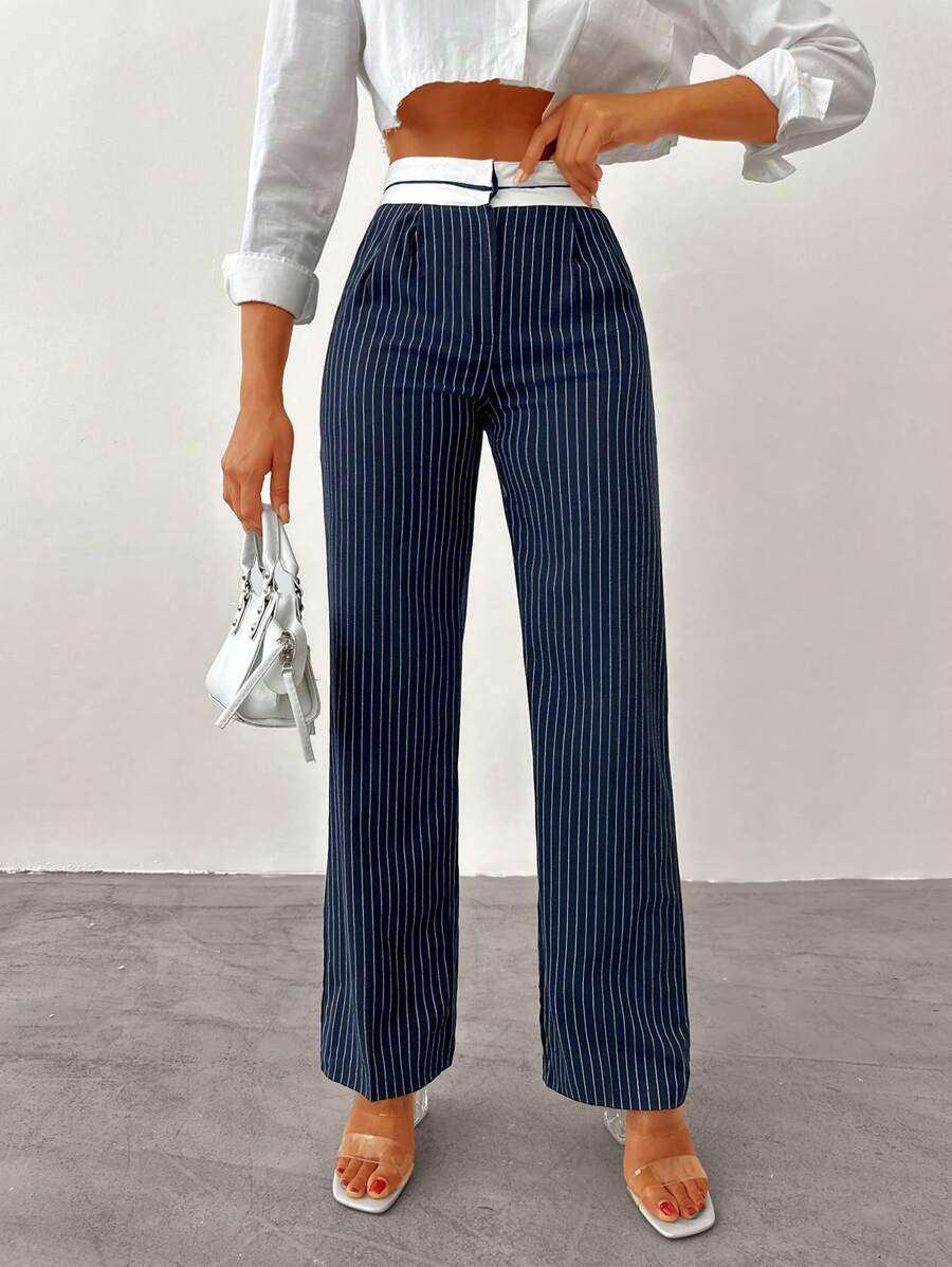 EURMUSE Striped Print Slant Pocket Straight Leg Suit Pants - Navy Blue - View 1