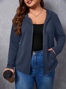 SHEIN Essnce Áo khoác thường ngày có mũ trùm đầu, tay dài màu xanh navy, cỡ lớn, có khóa kéo, màu trơn, mùa xuân thu - Màu xanh lam - Xem 1