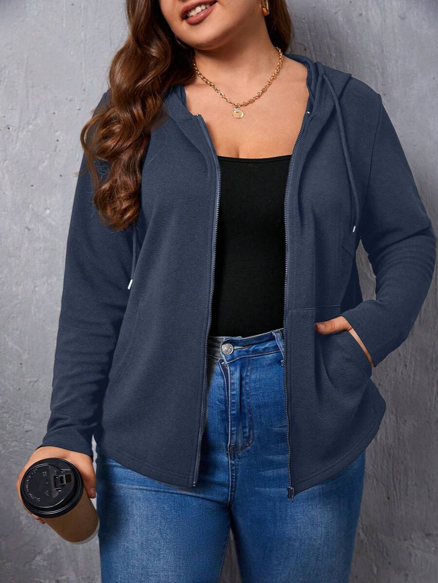 SHEIN Essnce Áo khoác thường ngày có mũ trùm đầu, tay dài màu xanh navy, cỡ lớn, có khóa kéo, màu trơn, mùa xuân thu - Màu xanh lam - Xem 1