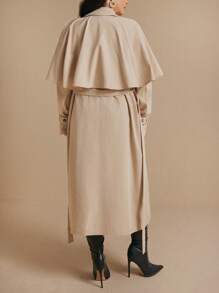 Elaquor Áo khoác dài tay màu trơn thường ngày cỡ lớn cho nữ - Màu Khaki - Xem 5