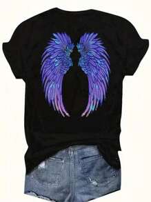 Glissea 天使翅膀和玫瑰印花圆领 T 恤，春夏季休闲短袖 T 恤，女士常规服装图案 T 恤女式上衣 - 黑色 - 查看 2