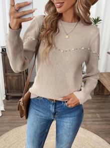 SHEIN LUNE 女士串珠长袖毛衣，适合派对和日常休闲装秋季毛衣米色毛衣，长袖上衣 - 杏色 - 查看 1