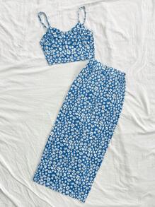 Soleia Spaghetti Strap Floral All-Over Print Top And Mini Skirt Casual Set