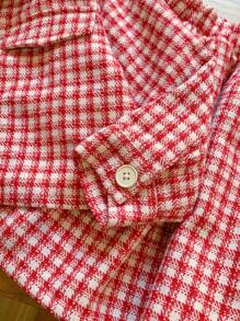 Blossori 2pcs/Set Young Girls French Elegant Red & White Plaid Woven Jacket And Skirt Suit Set, Autumn Winter - Pink - View 3