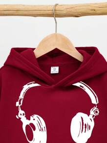 SHEIN Leap Crew Tween Boys' Casual & Comfy Headphone Pattern Loose Hooded Sweatshirt,In Fall/Winter - Burgundy - View 5