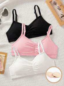 SHEIN 3pcs/Set Tween Girl Minimalist Comfortable Ruched V-Neck Breathable Soft Underwear Set, Includes Removable Padded Cups & Adjustable Straps