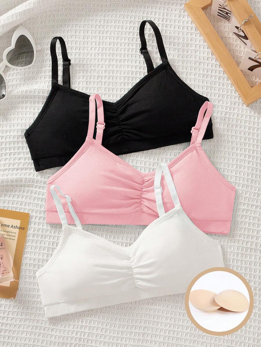 SHEIN 3pcs/Set Tween Girl Minimalist Comfortable Ruched V-Neck Breathable Soft Underwear Set, Includes Removable Padded Cups & Adjustable Straps