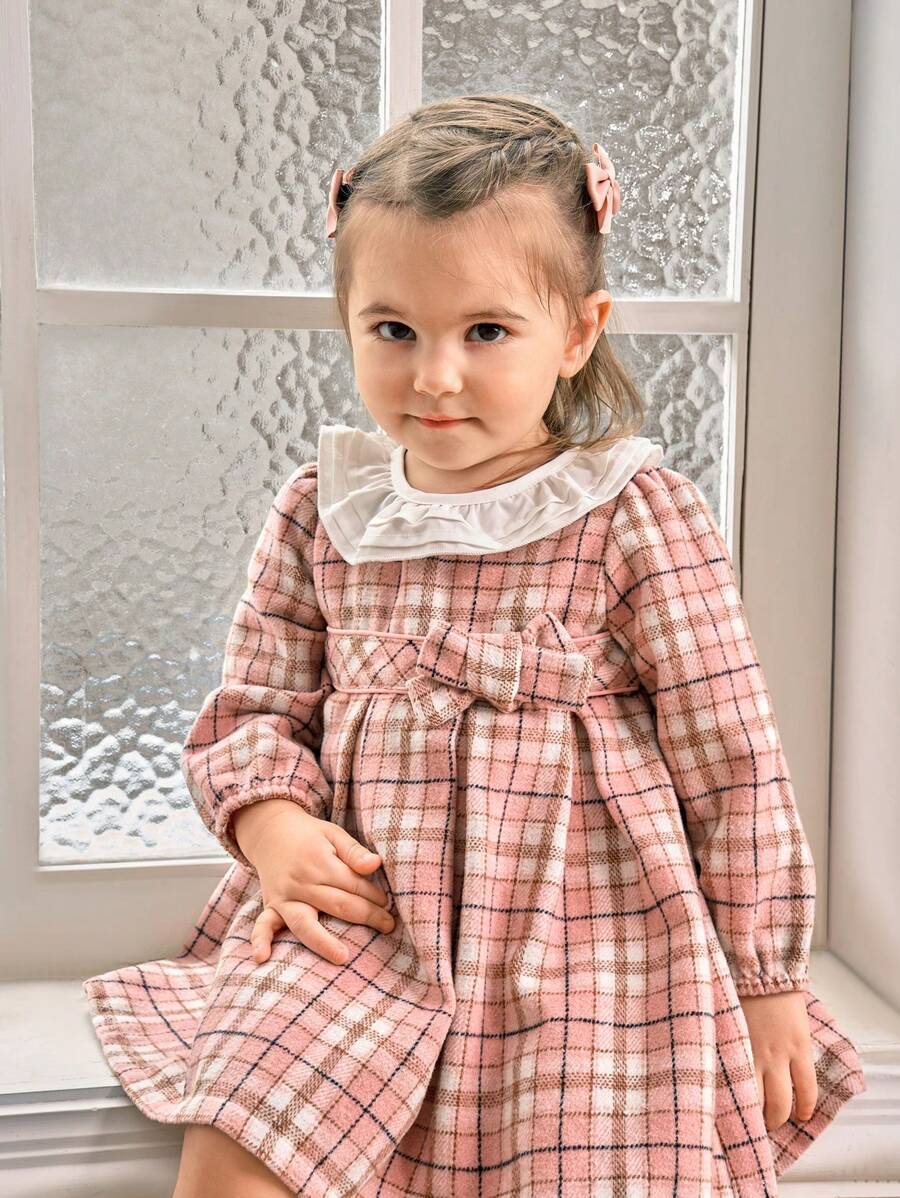 SHEIN Baby Girl Plaid Ruffle Hem Casual Dress For Spring And Autumn - Pink - View 1