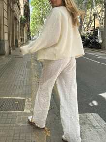 Siren Gaze 女士纯色长袖蓬松开襟毛衣 - 白色 - 查看 2