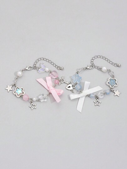 Kawaii 2pcs Fashionable & Cute Star Shaped Pearl & Crystal Decor Keychain & Bracelet Set, Gift For Friends & Couples