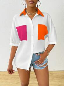 SHEIN LUNE Women's Summer Colorblock Pocket Short Sleeve Loose Casual Shirt,Short Sleeve Tops - Multicolor - View 5