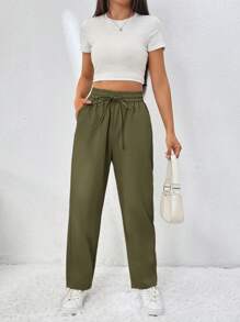 Muchica Quần dài lưng 3/4 màu trơn đơn giản có dây rút - màu xanh lá - Xem 6