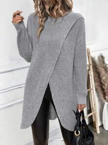 EMERY ROSE Women's Elegant Long Textured Split Knit Sweater