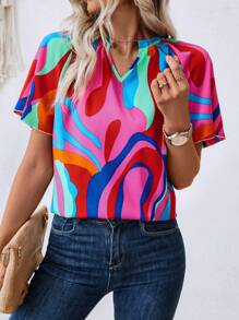 SHEIN LUNE Camisa de mujer casual de vacaciones con estampado aleatorio y cuello con muesca