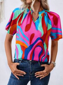 SHEIN LUNE Camisa de mujer casual de vacaciones con estampado aleatorio y cuello con muesca