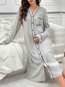 Cartoon Bear Letter Embroidered Pocket Long Sleeve Maternity Nightgown, For Fall, Winter