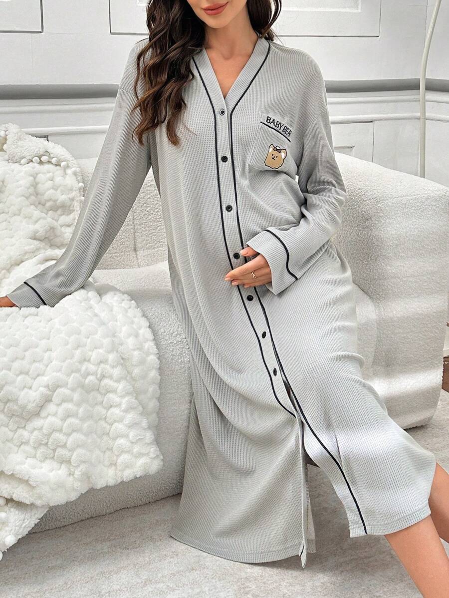 Cartoon Bear Letter Embroidered Pocket Long Sleeve Maternity Nightgown, For Fall, Winter