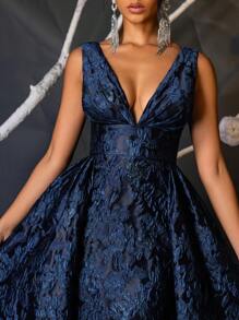 Glamrae 优雅海军蓝奢华 3D 提花 V 领高腰修身美人鱼连衣裙，带超大亮片，多用途，适合约会、派对、婚礼、正式活动、舞会晚礼服、婚礼嘉宾、毕业典礼、晚宴 - 藏蓝色 - 查看 6