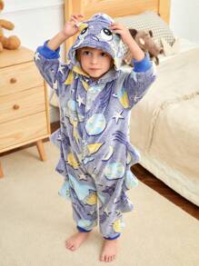 Young Boy Stylish Spaceship Graphic Hooded Warm Fleece Jumpsuit