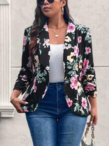 SHEIN LUNE Floral Print Knitted Plus Size Women's Spring Autumn Casual Long Sleeve Blazer Jacket