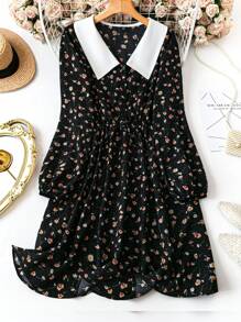 SHEIN Clasi Plus Size Floral Print Collared Long Sleeve Elegant Charming Dress - Black - View 1