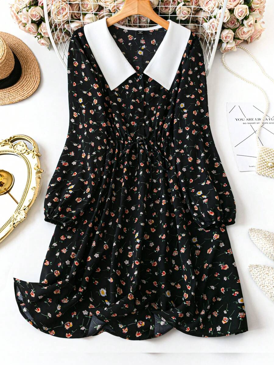 SHEIN Clasi Plus Size Floral Print Collared Long Sleeve Elegant Charming Dress - Black - View 1