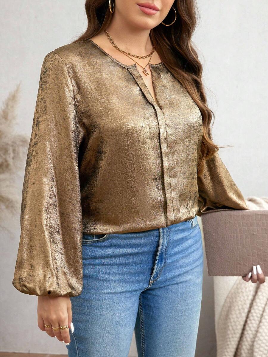 SHEIN LUNE Goudkleurige comfortabele stof voorpaneelontwerp Lange mouw Elastische manchet Plus-size shirt Winterkleding
