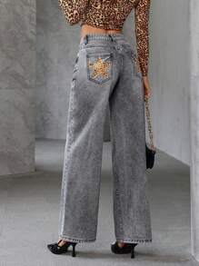 SHEIN Essnce Women Denim Jeans With Pentagram And Leopard Print - Grey - View 1