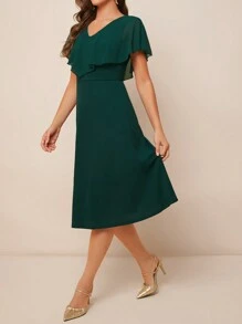 Amorya Vestido verde de largo medio con volantes en el dobladillo para dama - Verde Oscuro - Ver 3