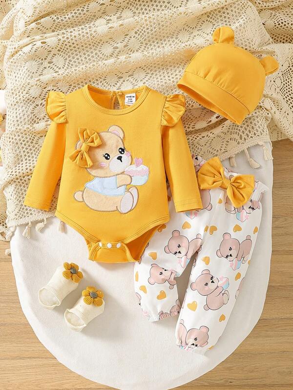SHEIN Baby Girl 2pcs Set Teddy Bear Placement Print Romper + Teddy Bear Digital Print Pants